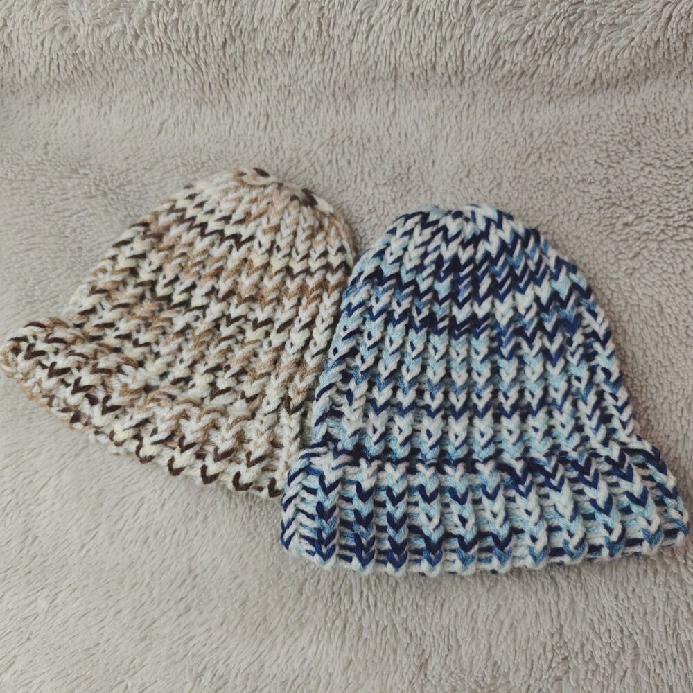 Infant Baby Unisex Hand Knitted Hat Beanie 2pc Bundle Beige Blue 0-3M